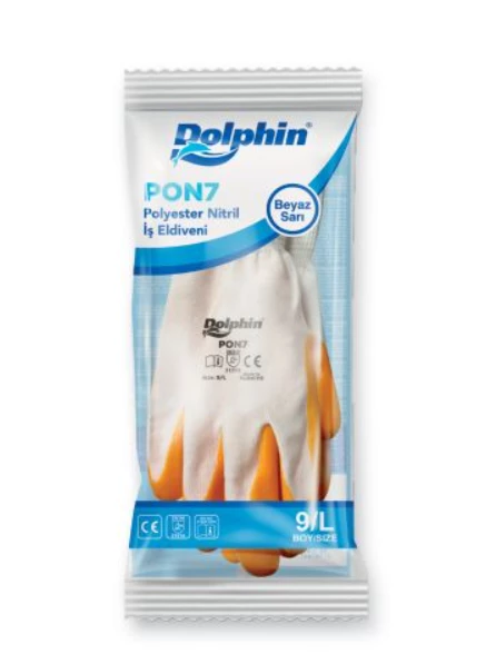 Dolphin PON7 Beyaz/Sarı Nitril Polyester Montaj İş Eldiveni (12 Adet) - Resim 3