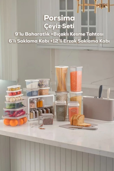 Porsima 0512 Kapuçino Beyaz 36 Parça Erzak Saklama Kabı Baharatlık Bıçaklı Kesme Tahtası Seti Çeyiz Seti