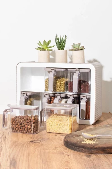 Porsima 0512 Kapuçino Beyaz 36 Parça Erzak Saklama Kabı Baharatlık Bıçaklı Kesme Tahtası Seti Çeyiz Seti - 4