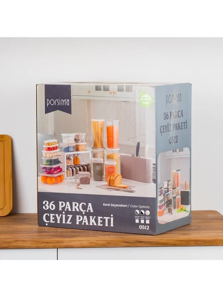 Porsima 0512 Kapuçino Beyaz 36 Parça Erzak Saklama Kabı Baharatlık Bıçaklı Kesme Tahtası Seti Çeyiz Seti - 2