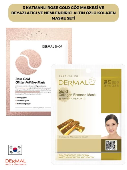 Dermal 3 Katmanlı Rose Göz Maskesi ve Beyazlatıcı Nemlendirici Altın Özlü Kolajen Maske Seti