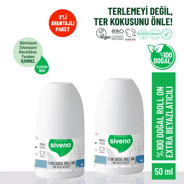 Siveno %100 Doğal Roll-On Beyazlatıcı Etkili Deodorant Ter Kokusu Önleyici Bitkisel Lekesiz Vegan 50 ml X2 Adet