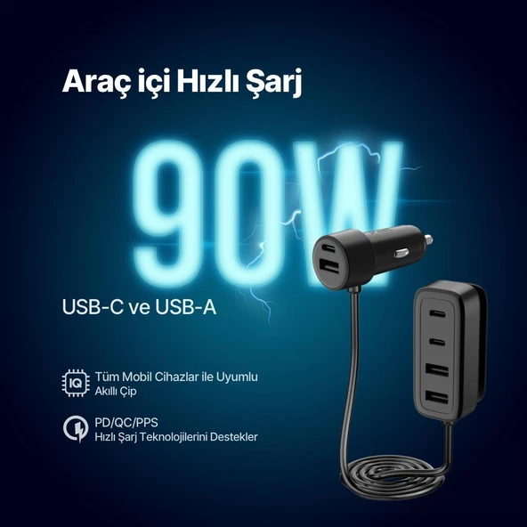Ttec 90W Süper Hızlı 6in1 Araç Şarj Cihazı, 3x USB / 3x Type C Girişli Akım ve Isı Korumalı Araç Şarjı - 2