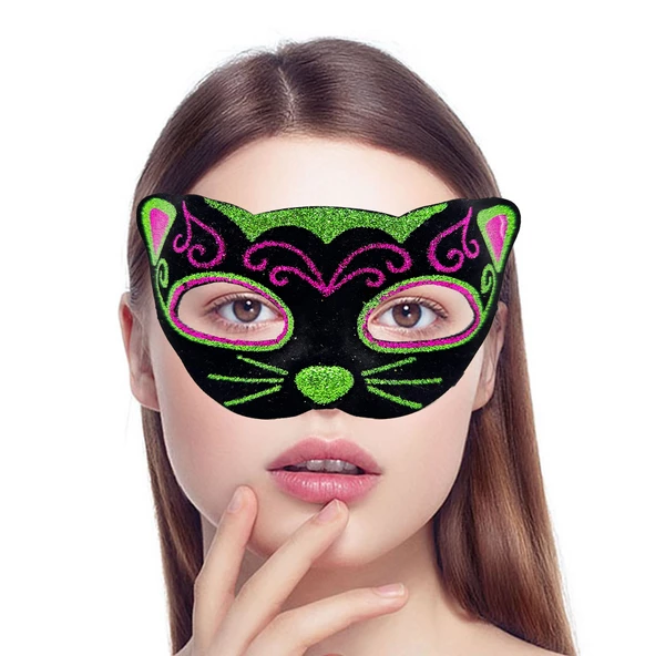 Siyah Kadife Kaplama Üzeri Pembe Yeşil Sim İşlemeli Kedi Maskesi 20x13 cm - 2