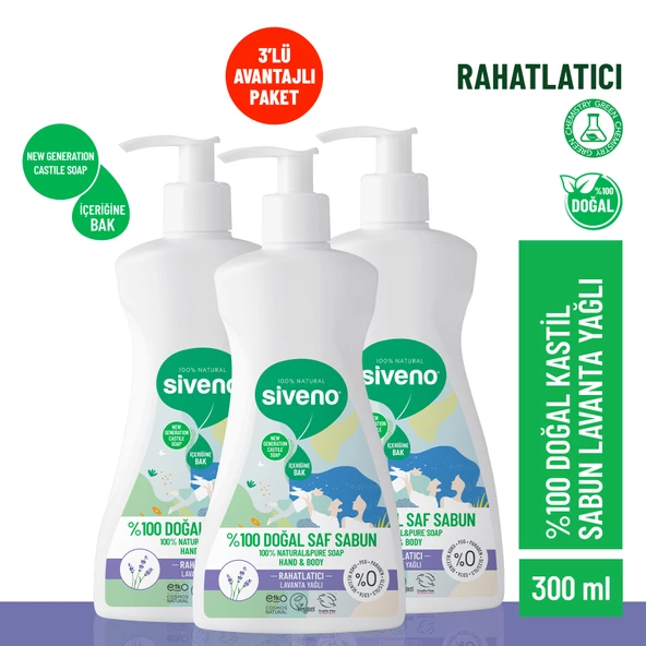 Siveno %100 Doğal Sıvı Kastil Sabun Lavanta Yağlı Yoğun Nemlendirici Arındırıcı Bitkisel Vegan 300 ml X 3 Adet