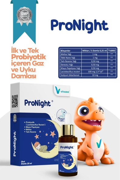 VİTASSO,Pronight Baby Bitkisel Bebek Çocuklar Için Probiyotik Içeren Gaz Ve Uyku Damlası Damla 20 ml