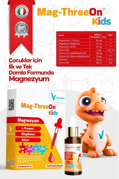 VİTASSO,Çocuk Magnezyum Organik Damla Kids Damla Vitamin B12-c-b6-d3- Mineral Ve Magnezyum Ilk Ve Tek