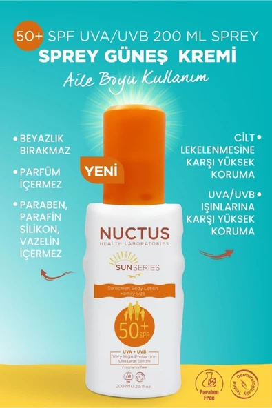 NUCTUS,Güneş Kremi 50+ Spf Uva/uvb 200 Ml Sprey Aile Boyu Kullanım