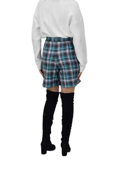 Kadın Ekose Kolej Şort Etek Yeşil Füme MNS-26 - Resim 6