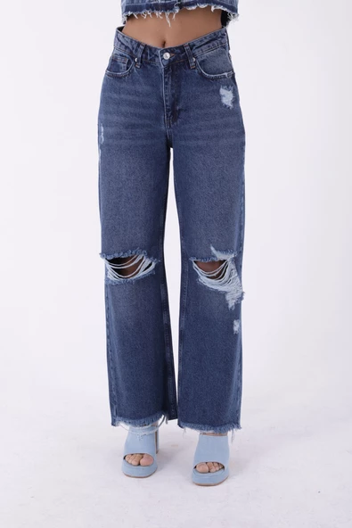 Dizleri Yırtıklı Paçaları Püsküllü Yüksek Belli Geniş Paçalı Kadın Kot Pantolon Jean Koyu Mavi Denim