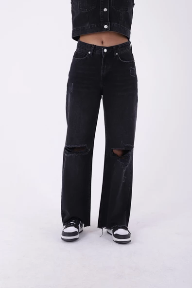 Dizleri Yırtıklı Paçaları Püsküllü Yüksek Belli Geniş Paçalı Kadın Kot Pantolon Jean Antrasit Denim - 4