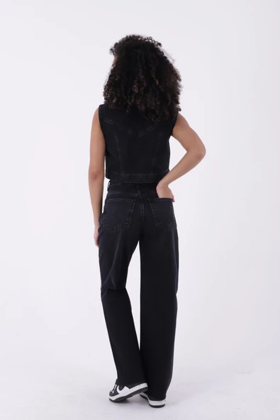 Dizleri Yırtıklı Paçaları Püsküllü Yüksek Belli Geniş Paçalı Kadın Kot Pantolon Jean Antrasit Denim - 2