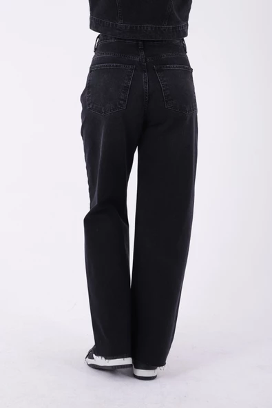 Dizleri Yırtıklı Paçaları Püsküllü Yüksek Belli Geniş Paçalı Kadın Kot Pantolon Jean Antrasit Denim - 5