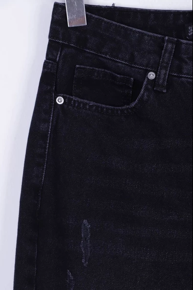 Dizleri Yırtıklı Paçaları Püsküllü Yüksek Belli Geniş Paçalı Kadın Kot Pantolon Jean Antrasit Denim - 6