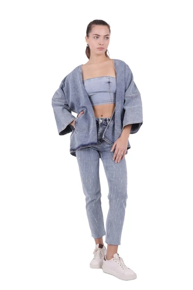 Bol Kalıplı ve Orta Boylu Kemersiz Rahat / Oversize Kadın Kot Kimono Açık Mavi Denim Dört Mevsim - 5