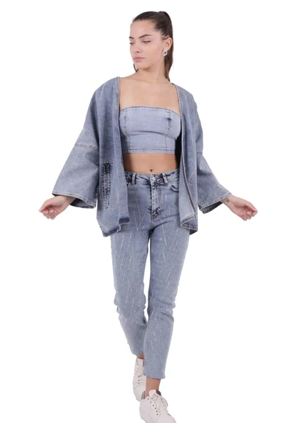 Bol Kalıplı ve Orta Boylu Kemersiz Rahat / Oversize Kadın Kot Kimono Açık Mavi Denim Dört Mevsim - 3