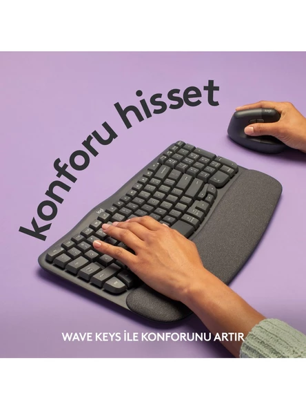 Logitech Wave Keys 920-012311 Kablosuz Bluetooth Dolgulu Avuç İçi Destekli Ergonomik Türkçe Q Klavye - Siyah - 4