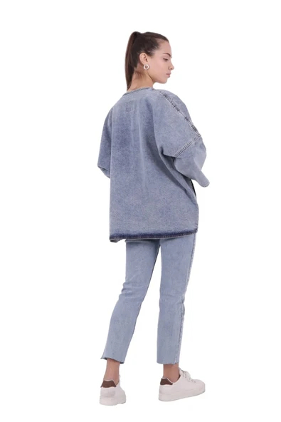 Bol Kalıplı ve Orta Boylu Kemersiz Rahat / Oversize Kadın Kot Kimono Açık Mavi Denim Dört Mevsim - 6