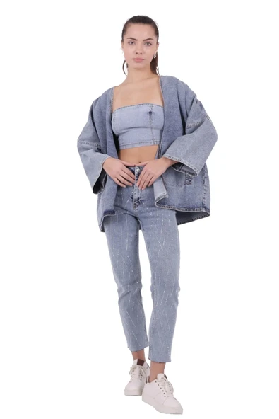 Bol Kalıplı ve Orta Boylu Kemersiz Rahat / Oversize Kadın Kot Kimono Açık Mavi Denim Dört Mevsim - 4