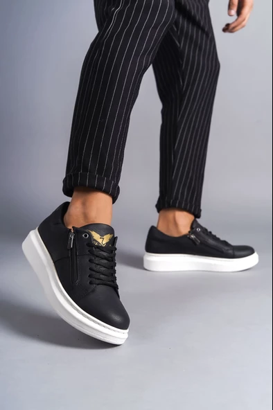 Warrior Bağcıklı ve Fermuarlı Cilt Erkek Günlük Sneaker Ayakkabı BT Siyah