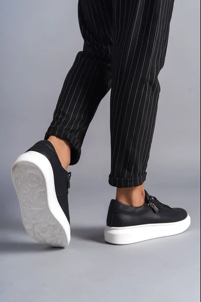 Warrior Bağcıklı ve Fermuarlı Cilt Erkek Günlük Sneaker Ayakkabı BT Siyah - 3