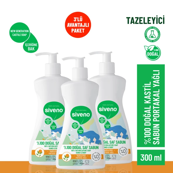 Siveno %100 Doğal Sıvı Kastil Sabun Portakal Yağlı Yoğun Nemlendirici Arındırıcı Bitkisel Vegan 300 ml X 3 Adet