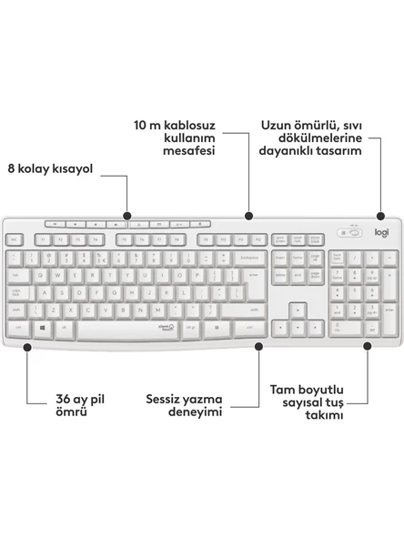 Logitech MK295 Kablosuz Sessiz Klavye Mouse Set 920-010089 Beyaz - 3