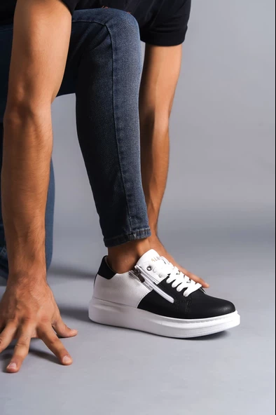 Warrior Bağcıklı ve Fermuarlı Cilt Erkek Günlük Sneaker Ayakkabı BT Beyaz/Siyah - 2