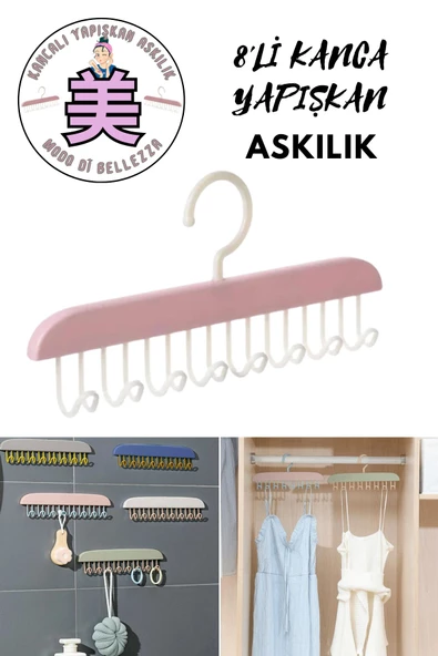 8 Kancalı Mutfak Banyo Dolap İçin Çok Amaçlı Kancalı Ve Yapışkanlı Askı