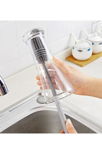 Uzun Saplı Silikon Bardak Kavanoz ve Biberon Yıkama Fırçası - 4