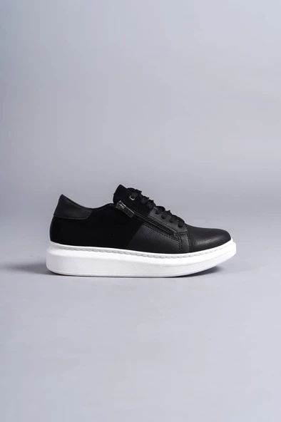Warrior Bağcıklı ve Fermuarlı Cilt Süet Erkek Günlük Sneaker Ayakkabı BT Siyah - 4