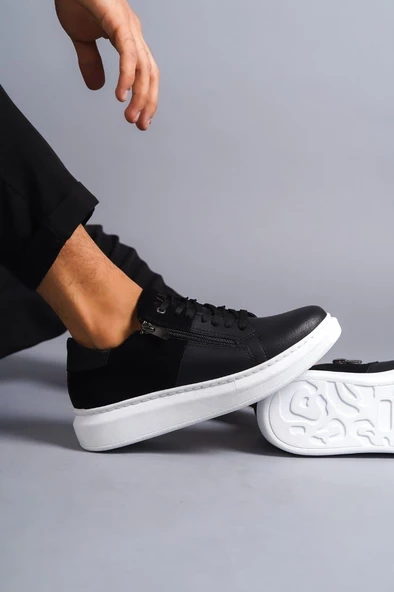 Warrior Bağcıklı ve Fermuarlı Cilt Süet Erkek Günlük Sneaker Ayakkabı BT Siyah - 3
