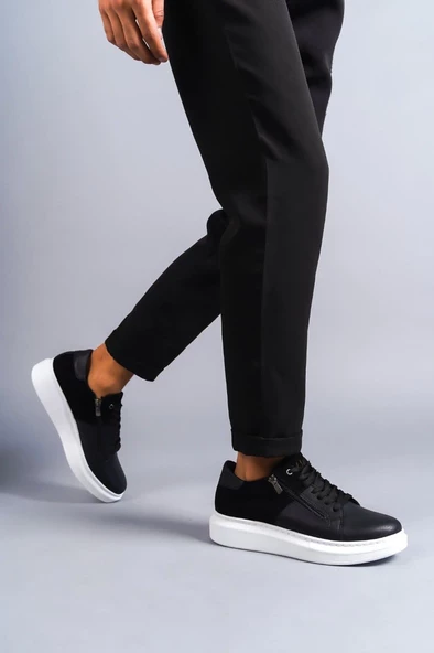 Warrior Bağcıklı ve Fermuarlı Cilt Süet Erkek Günlük Sneaker Ayakkabı BT Siyah - 2