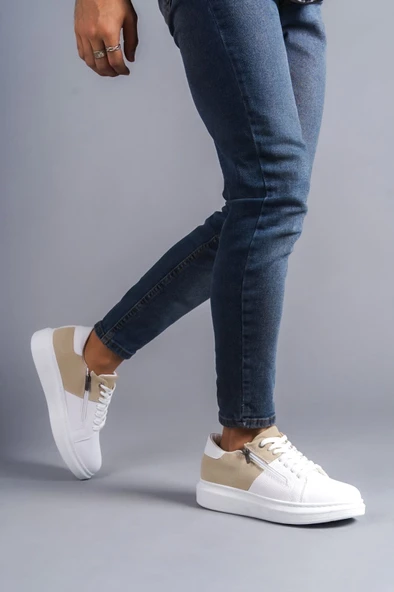 Warrior Bağcıklı ve Fermuarlı Cilt Süet Erkek Günlük Sneaker Ayakkabı BT Beyaz/Krem - 2