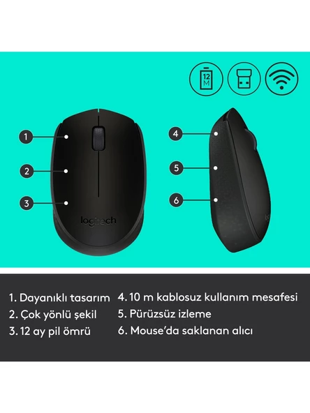 Logitech M171 USB Alıcılı Kablosuz Kompakt Mouse - Siyah - 8