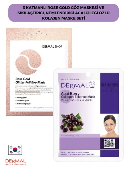 3 Katmanlı Rose Gold Göz Maskesi ve Sıkılaştırıcı, Nemlendirici Acai Çileği Özlü Kolajen Maske Seti