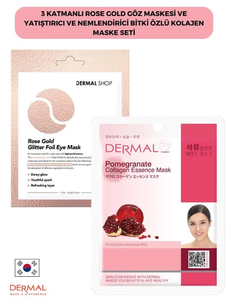 Dermal 3 Katmanlı Rose Göz Maskesi ve Nemlendirici Ve Yumuşatıcı Nar Özlü Kolajen Maske