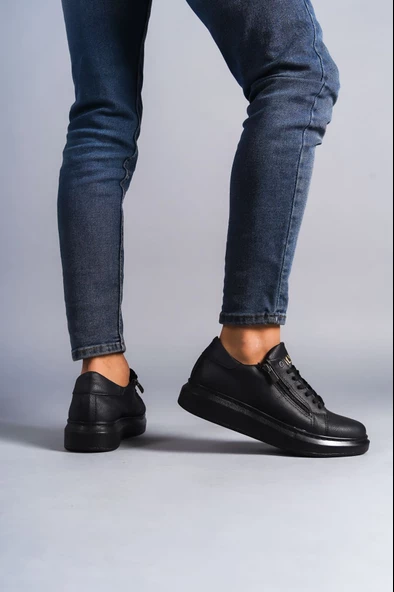 Warrior Bağcıklı ve Fermuarlı Cilt Erkek Günlük Sneaker Ayakkabı ST Siyah - 3