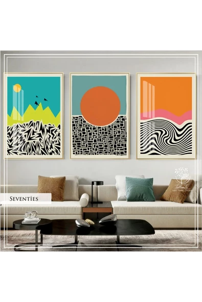 Tablomtr Metal Çerçeveli Gerçek Camlı Tablo SeventiesB 3 Lü Set