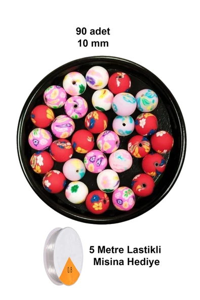 90 Adet 10 mm Polimer Kil Fimo Boncuk Takı Bileklik + 5 Metre Lastikli Misina Hediye - Desenli Yuvarlak