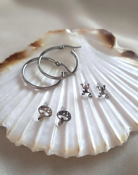 Küpe Kararmaz Çelik 316L Lüks Kadın Küpe Halka Kurbağa Mantar Küpe 3 lü Set ürün görseli 1