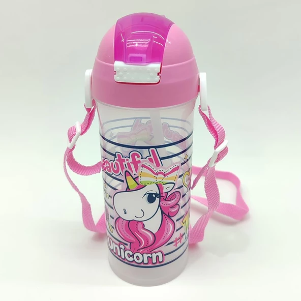 Beautiful Unicorn Temalı Pipetli Askılı Suluk Matara 610 Ml.