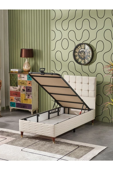 Beehanem Bengü 90x190 Tek Kişilik (Baza+Başlık+Yatak) 3 Lü Set (Krem) - 3