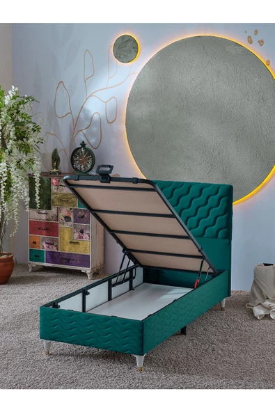 Beehanem Simge 90x190 Tek Kişilik (Baza+Başlık+Yatak) 3Lü Set(Yeşil) - 3