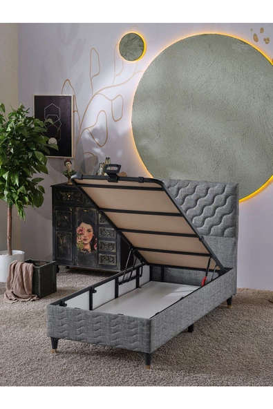 Beehanem Simge 90x190 Tek Kişilik (Baza+Başlık+Yatak) 3 Lü Set(Keten Gri) - 3