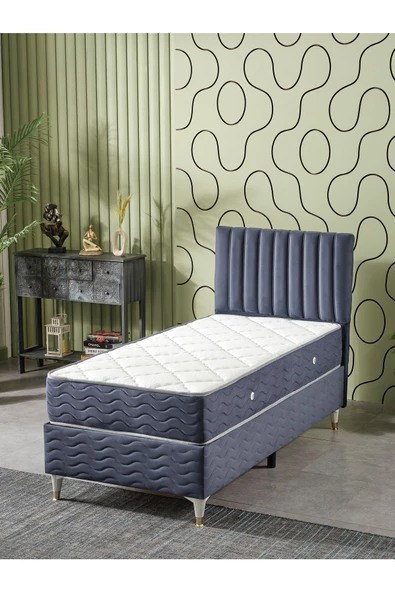 Beehanem Ezgi 90x190 Tek Kişilik (Baza+Başlık+Yatak) 3 Lü Set (BabyFace İndigo)