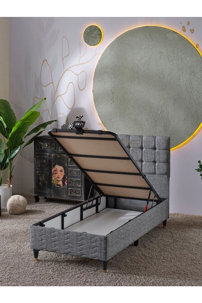 Beehanem Bengü 90x190 Tek Kişilik (Baza+Başlık) 2 Li Set (Keten Gri) - 2