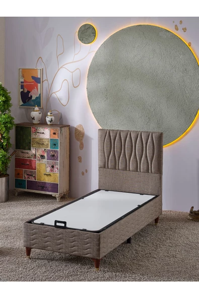 Beehanem Almula 90x190 Tek Kişilik (Baza+Başlık+Yatak) 3 Lü Set (Keten Kahve) - 2