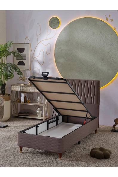 Beehanem Almula 90x190 Tek Kişilik (Baza+Başlık+Yatak) 3 Lü Set (Açık Kahve) - 3