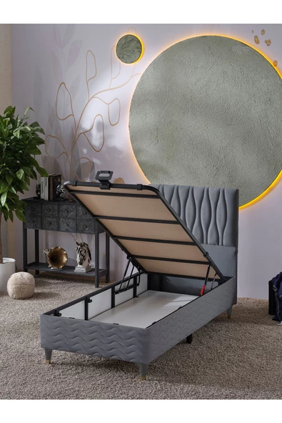 Beehanem Almula 90x190 Tek Kişilik (Baza+Başlık+Yatak) 3 Lü Set (Gri) - 3